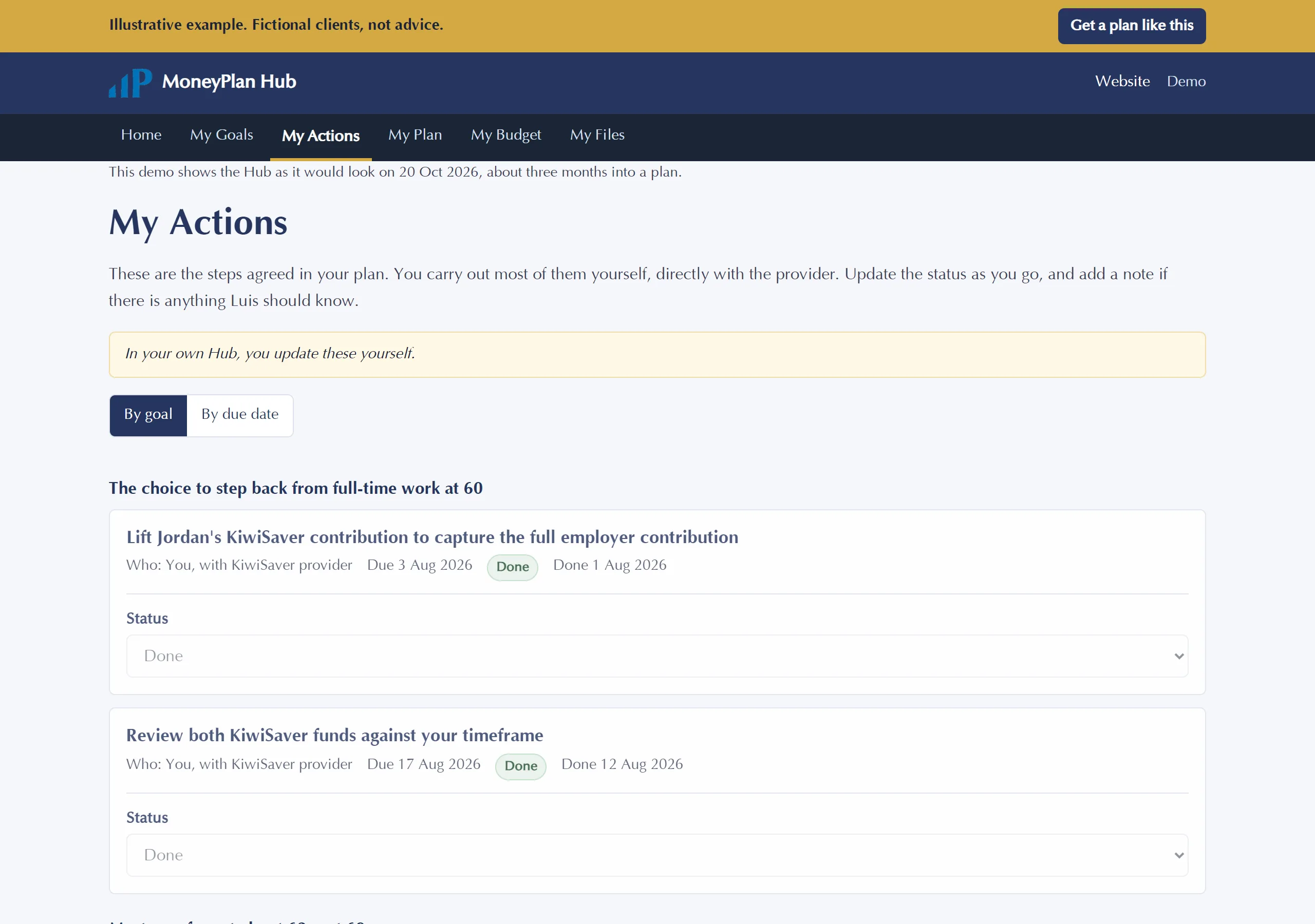 MoneyPlan Hub actions page listing agreed actions with owners, due dates and status