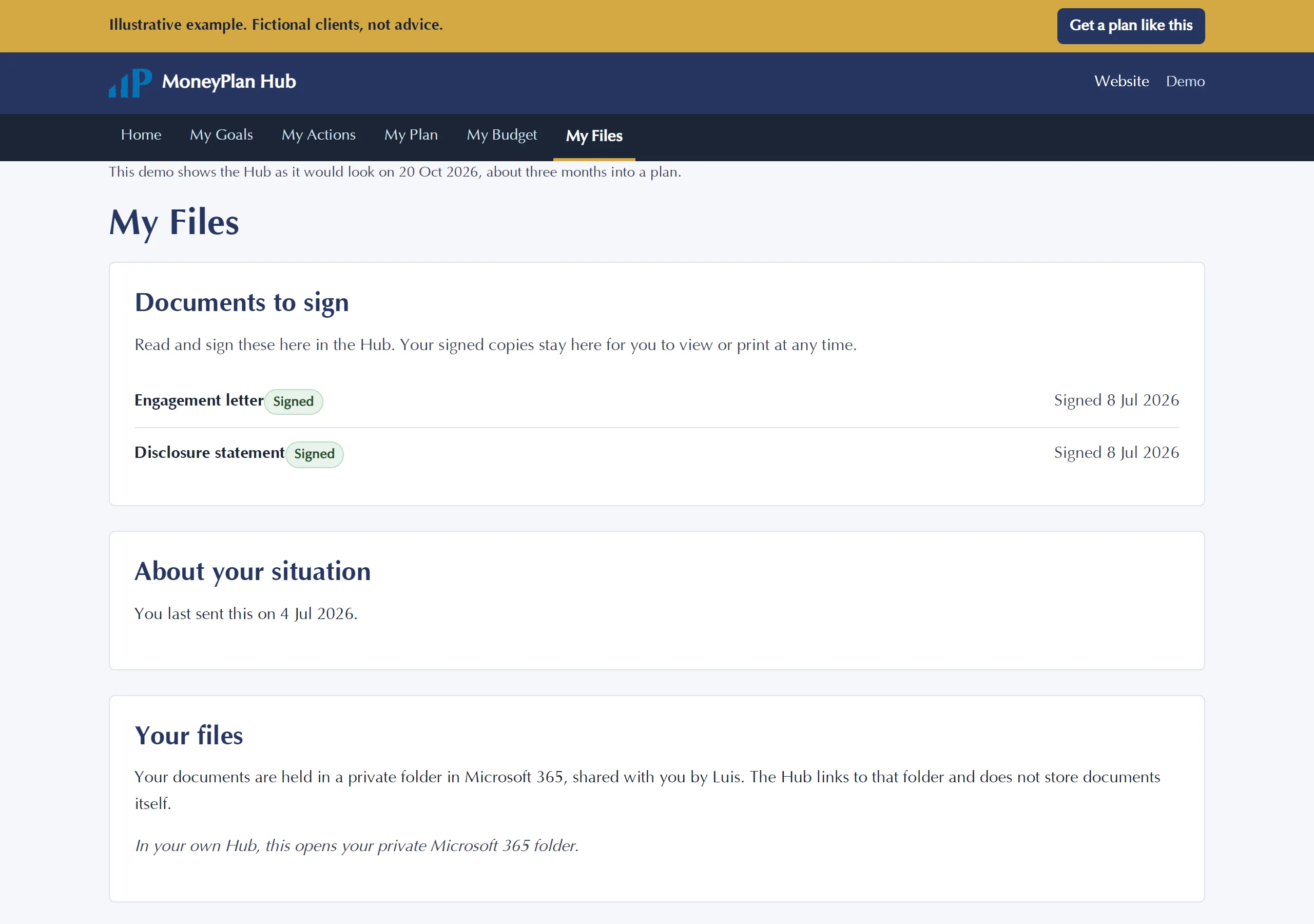 MoneyPlan Hub My Files page with signed documents and a link to the private files folder